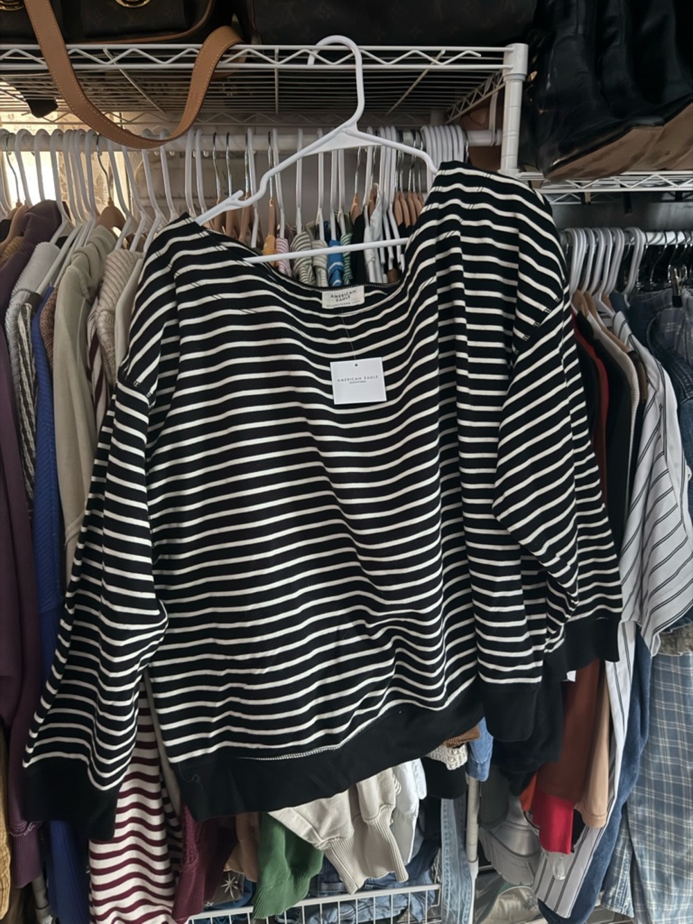 American Eagle Outfitters Black and White Striped Off-the-Shoulder Sweater